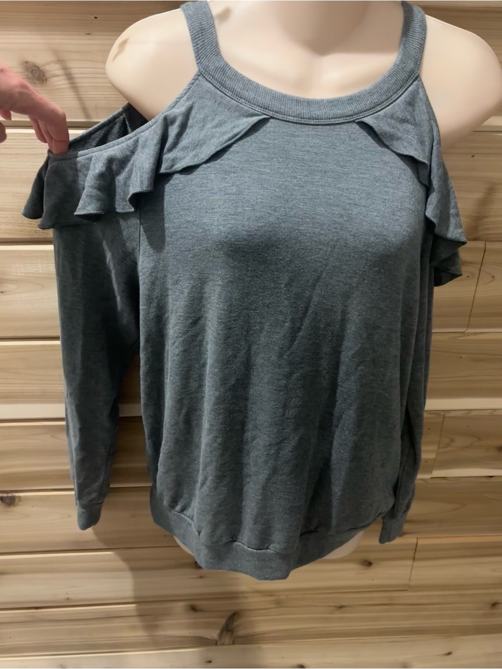 Cold-Shoulder Ruffle Knit Top in Gray - Picture 2 of 4